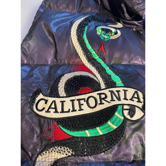 Ed Hardy Mens XXL purple Puffer Vest Snake & Skull Embroidery Down hood Y2K - Picture 14 of 15